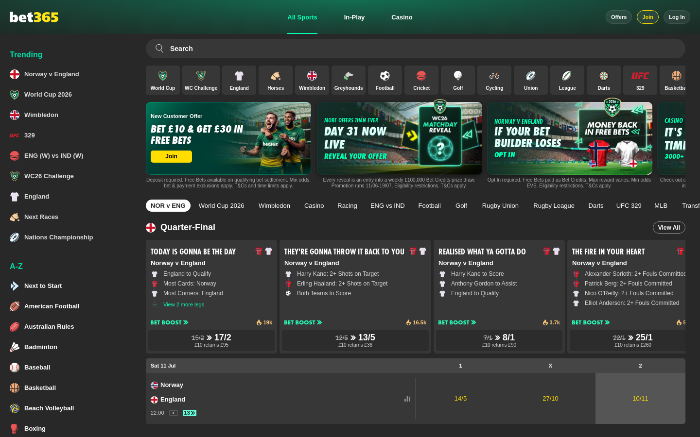 Bet365 desktop homepage, screenshot taken 2026-07-11