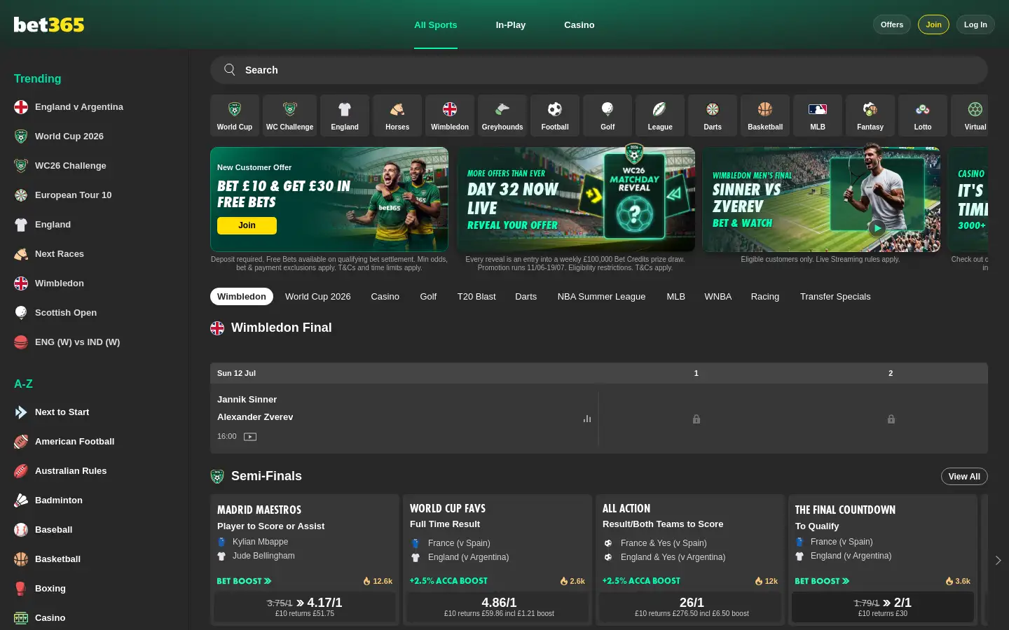 Bet365 desktop homepage, screenshot taken 2026-07-11