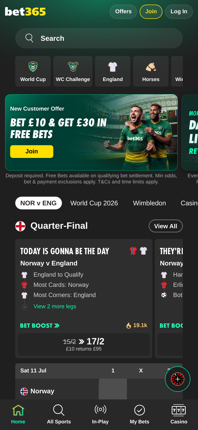 Bet365 mobile homepage, screenshot taken 2026-07-11