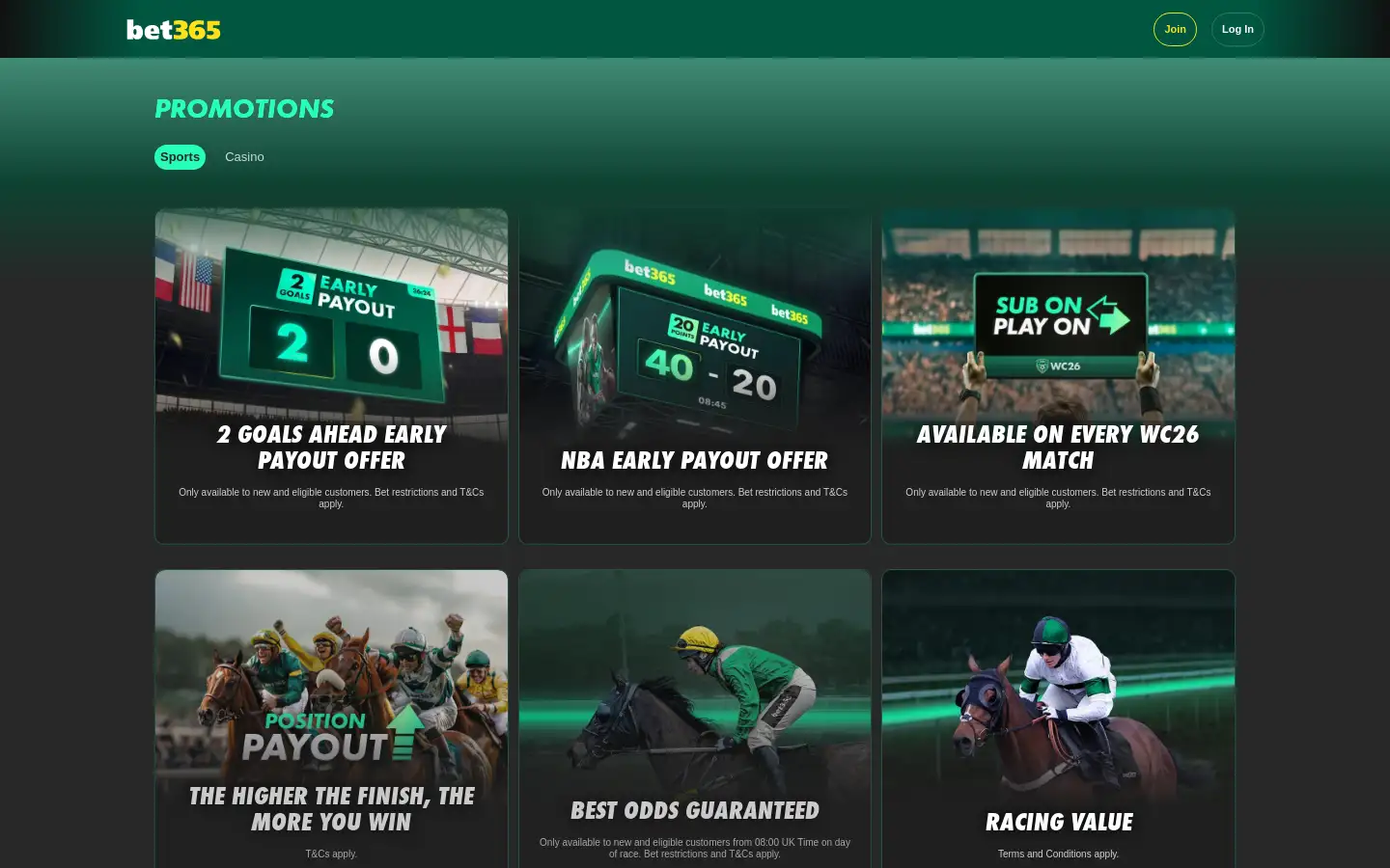 Bet365 desktop promotions page, screenshot taken 2026-07-11