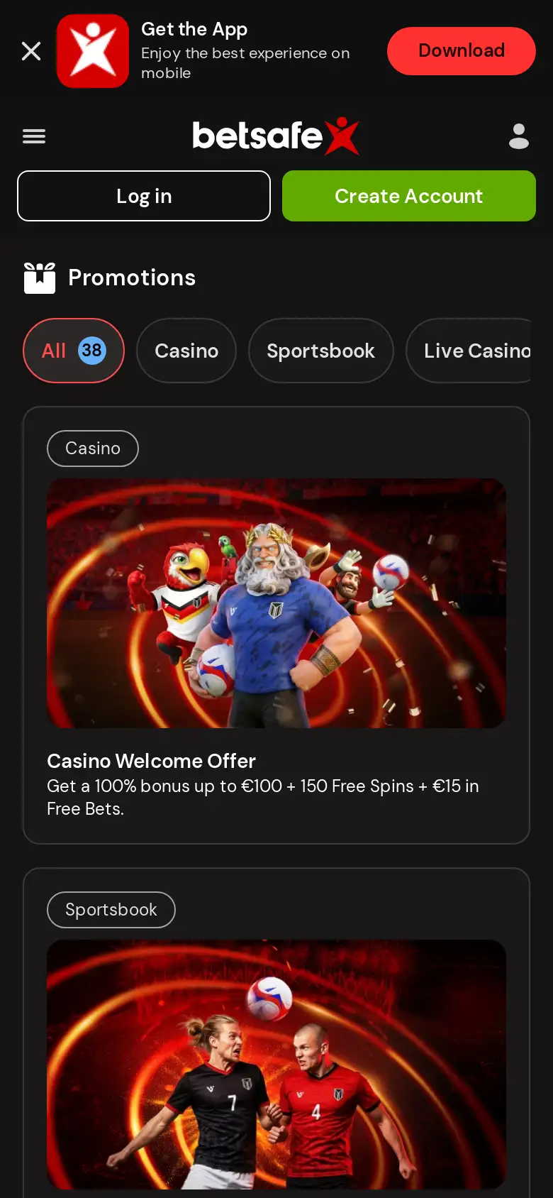 Betsafe mobile promotions page, screenshot taken 2026-07-11