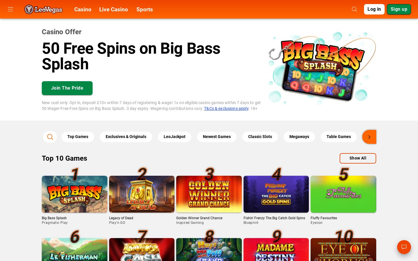 Leovegas desktop homepage, screenshot taken 2026-07-11