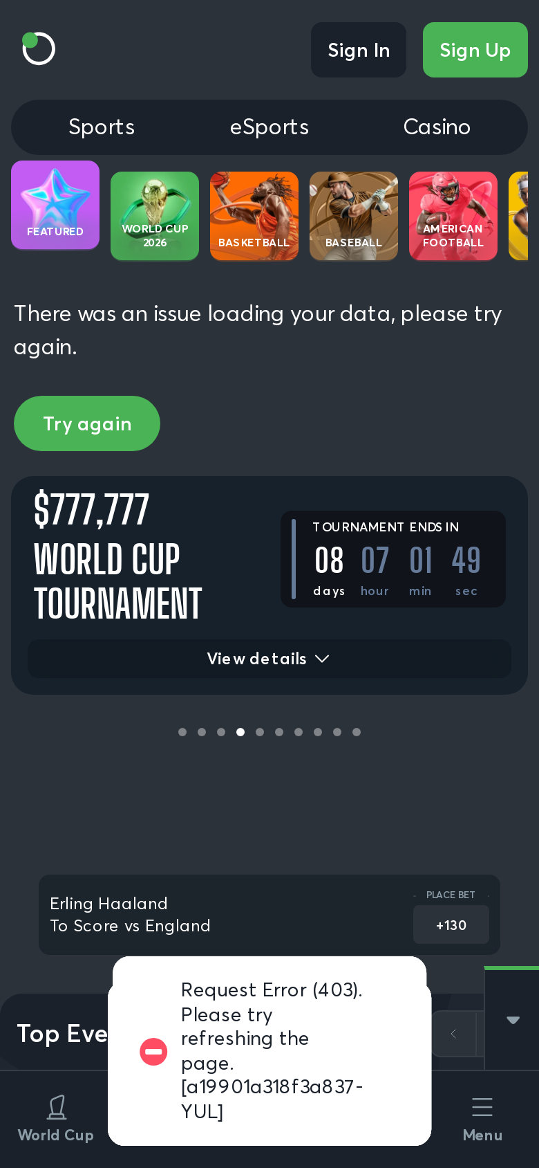 Sportsbetio mobile homepage, screenshot taken 2026-07-11