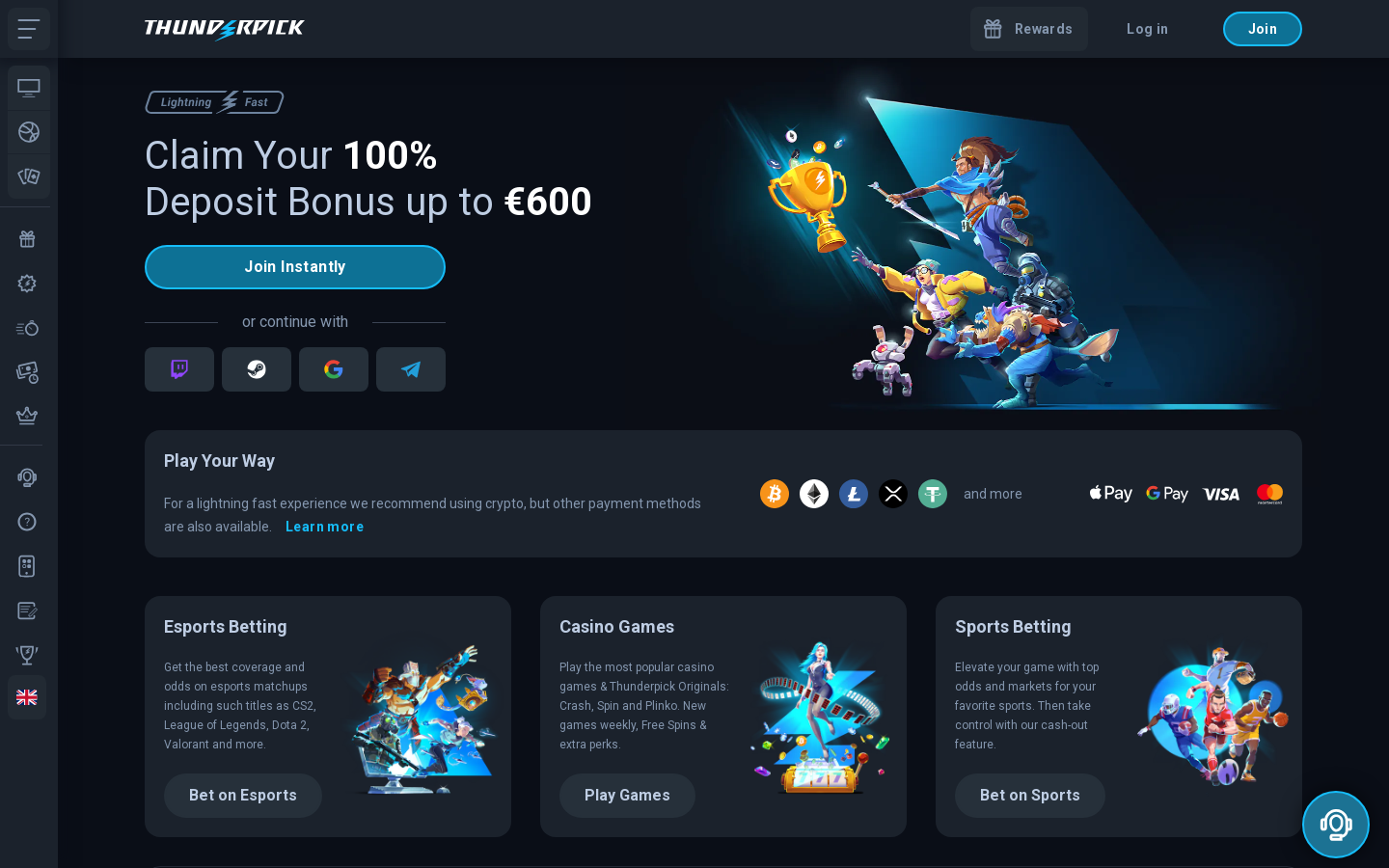 Thunderpick desktop homepage, screenshot taken 2026-07-11
