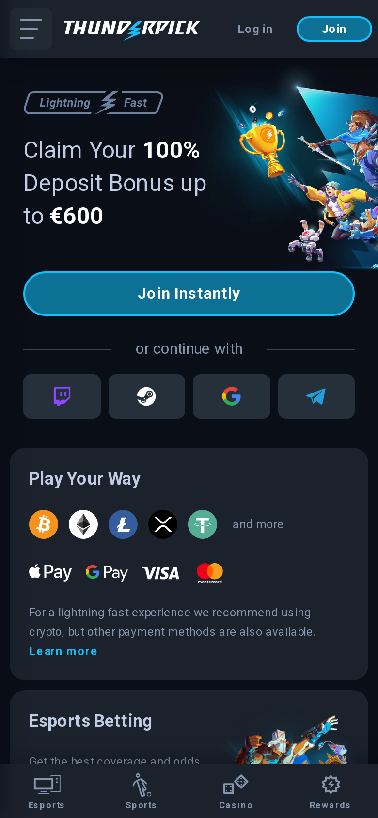 Thunderpick mobile homepage, screenshot taken 2026-07-11